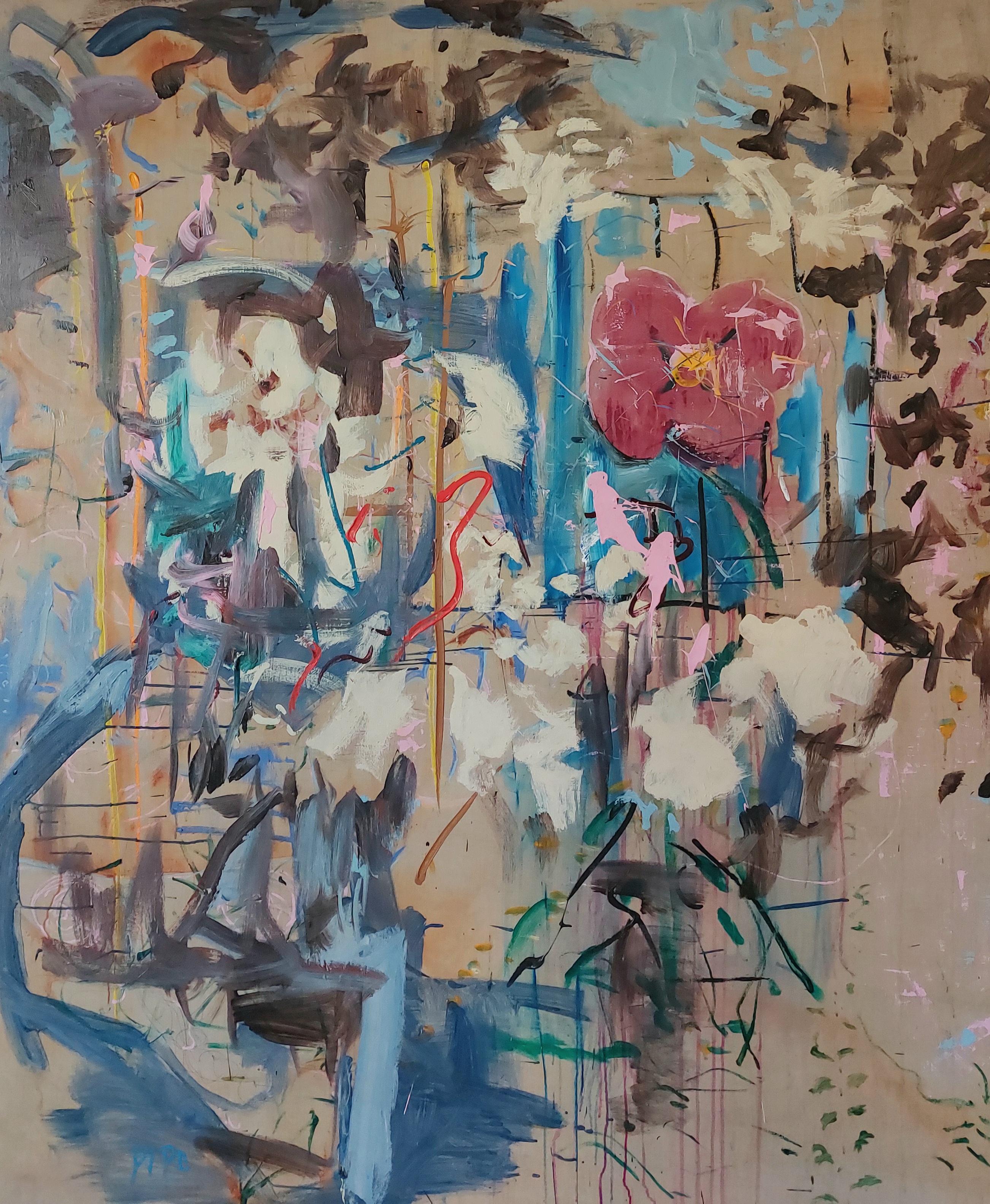 DECONSTRUCION WITH FLOWERS, mixed media on canvas, 220 cm x180cm